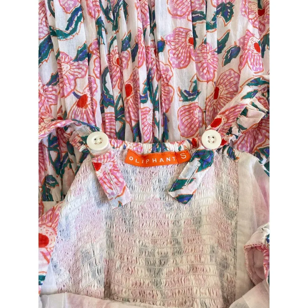 Oliphant Tuckernuck Smocked Ruffle Sleeveless Maxi Dress Pink Floral Block Print - Picture 3 of 6